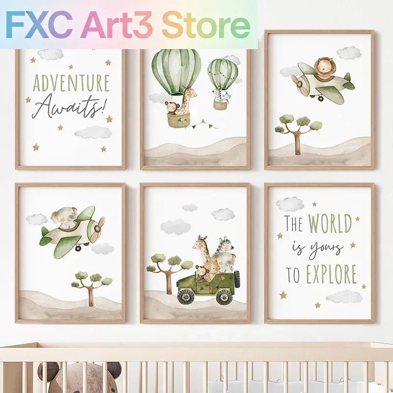 Baby Nursery Hot Air Balloon - 1pc frameless,Hot Air Balloon Animals Posters