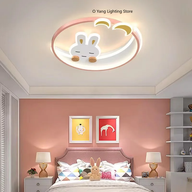 Baby Nursery Ceiling Light - Cartoon Pink Rabbit Moon Chandeliers Kids