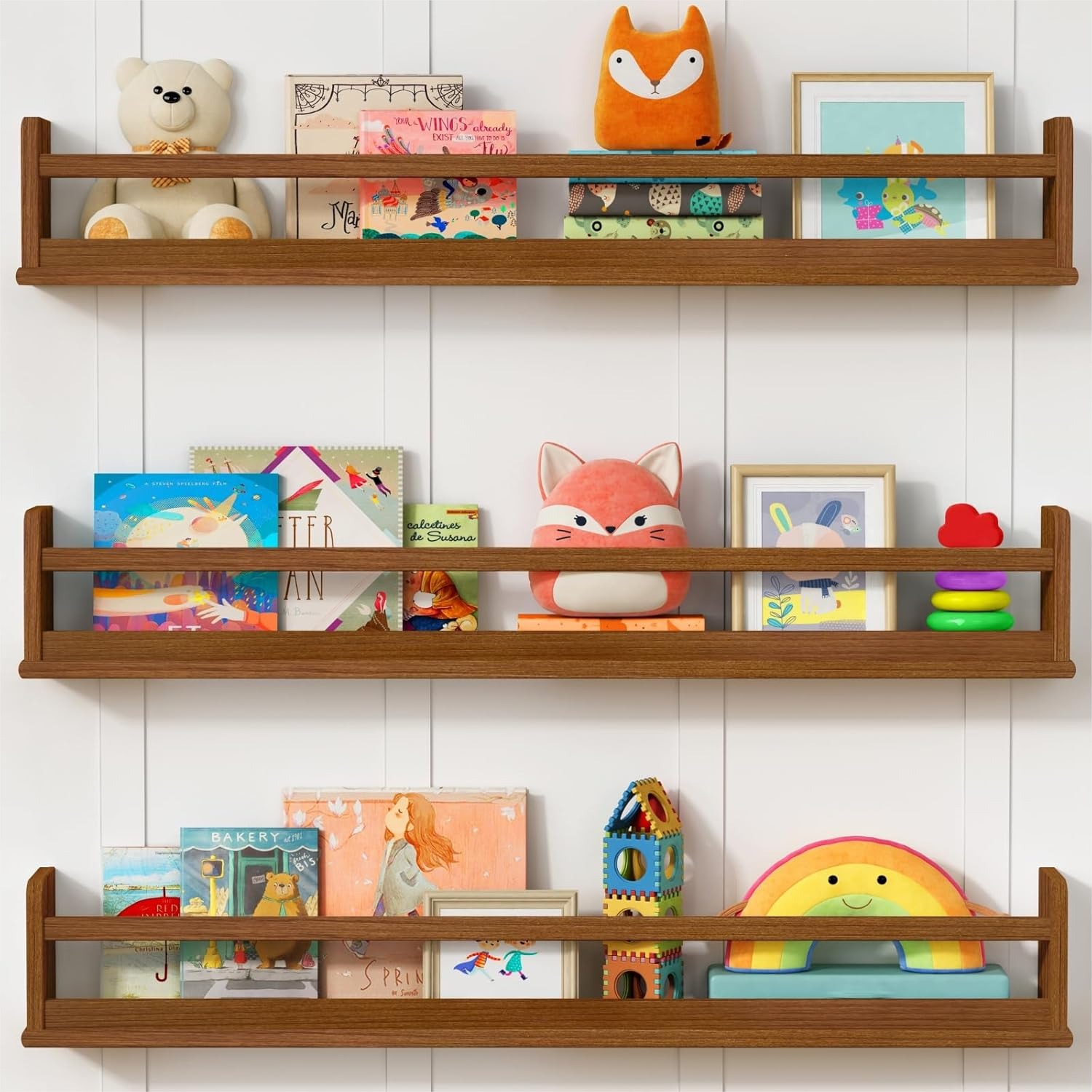 Baby Nursery Floating Shelves - Dark Wood Wall Bookshelf For Kids