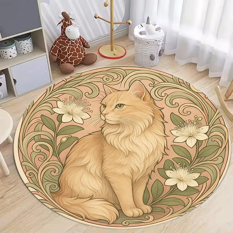 Soft Rug Nursery - Round Art Nouveau Cat Floral Area