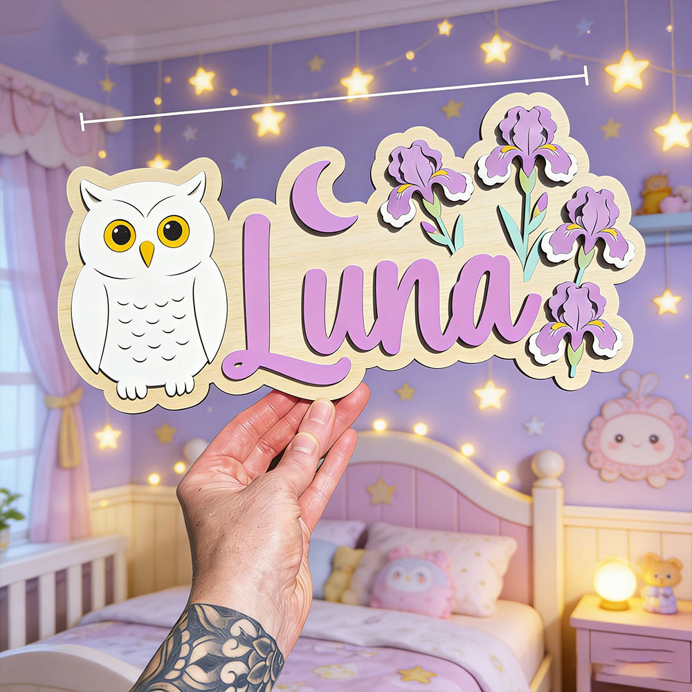 Baby Nursery Themes Girl - Personalized Cute Night Owl Iris Name