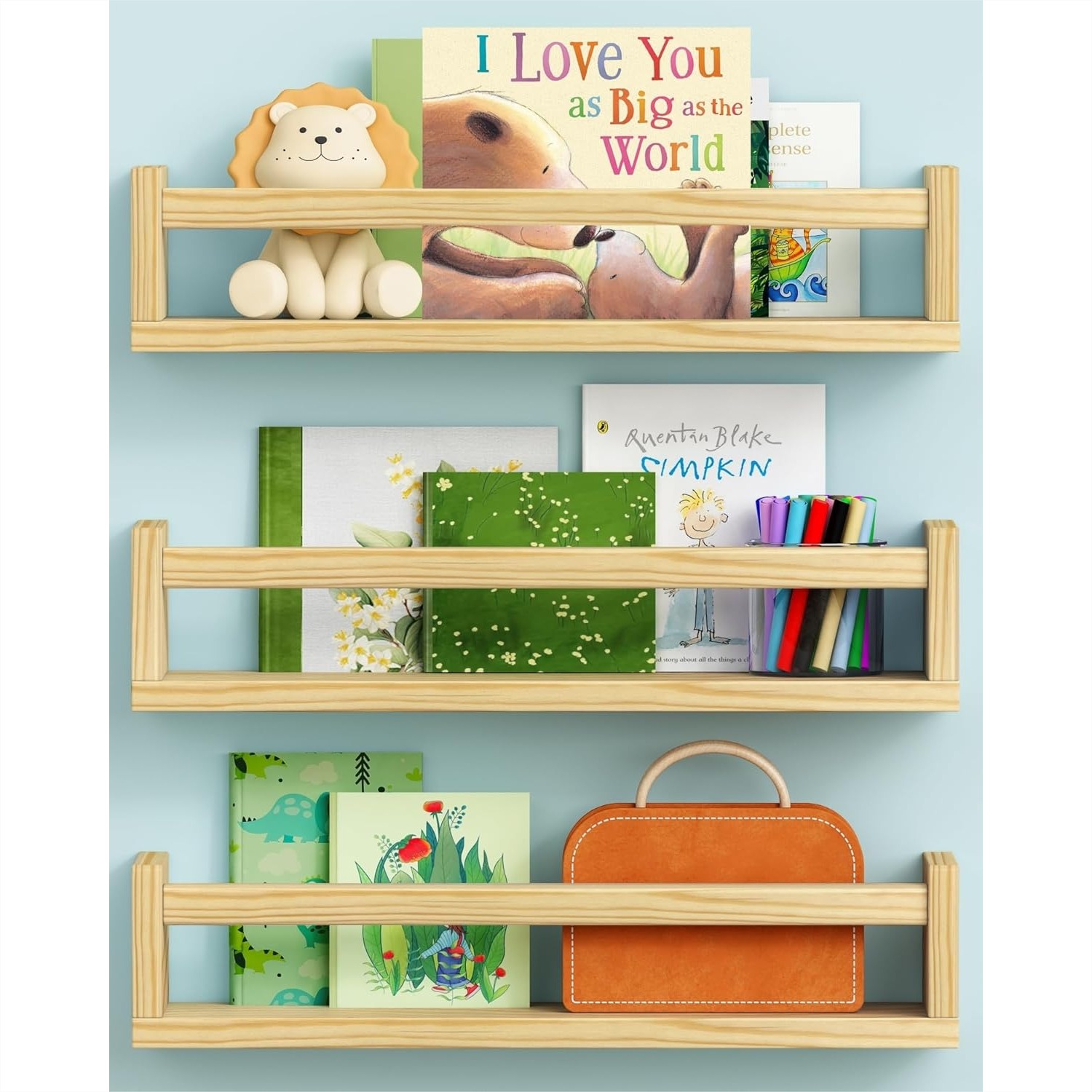 Baby Nursery Floating Shelves - Natural Wood Floating Nursery Book Shelves
