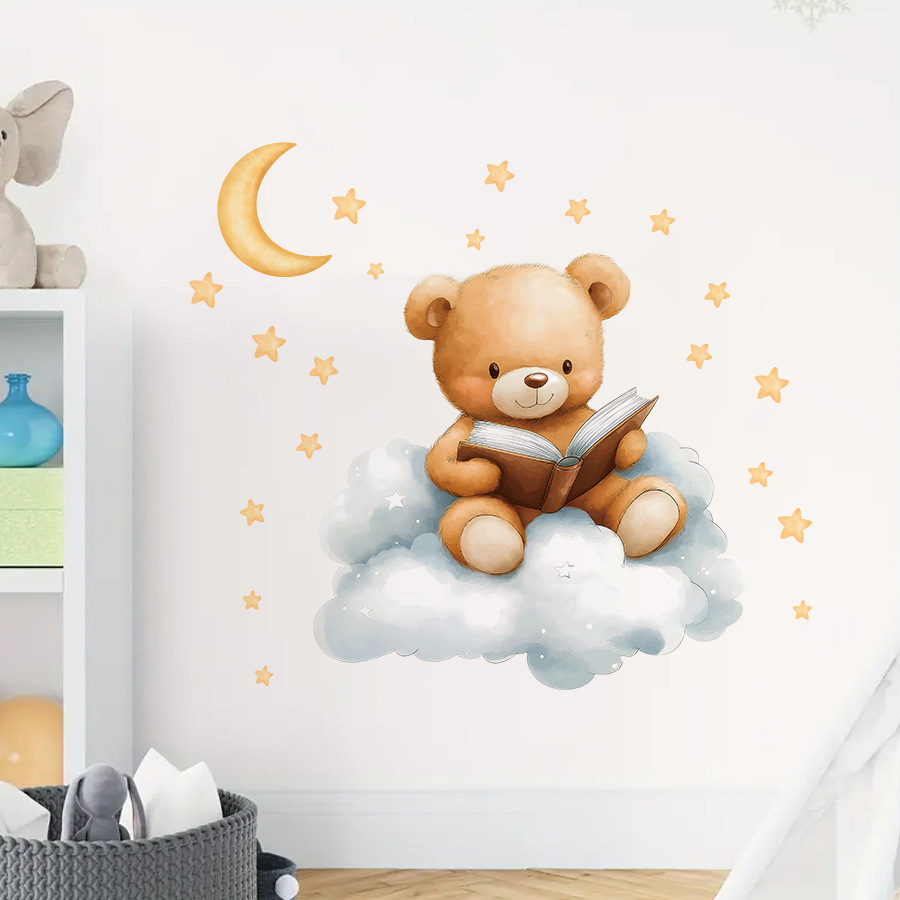 Cute Bear Moon Star Wall Stick - Baby Nursery Wallpaper Girl のレビューと価格