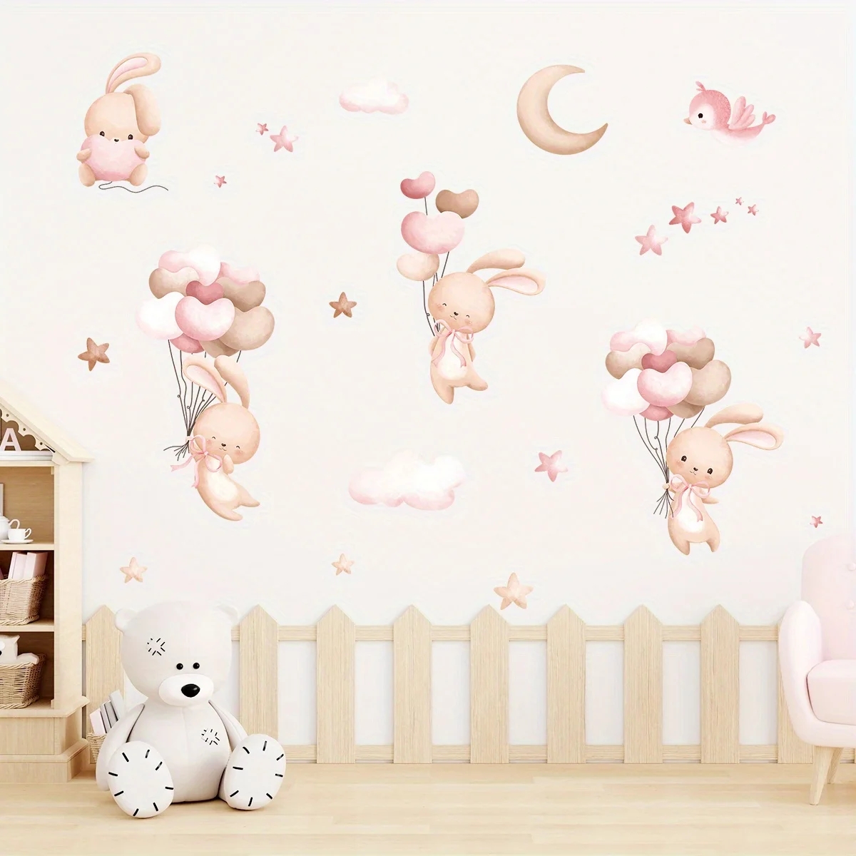 Cute Rabbit Balloon Wall Stick - Baby Nursery Wallpaper Girl のレビューと価格