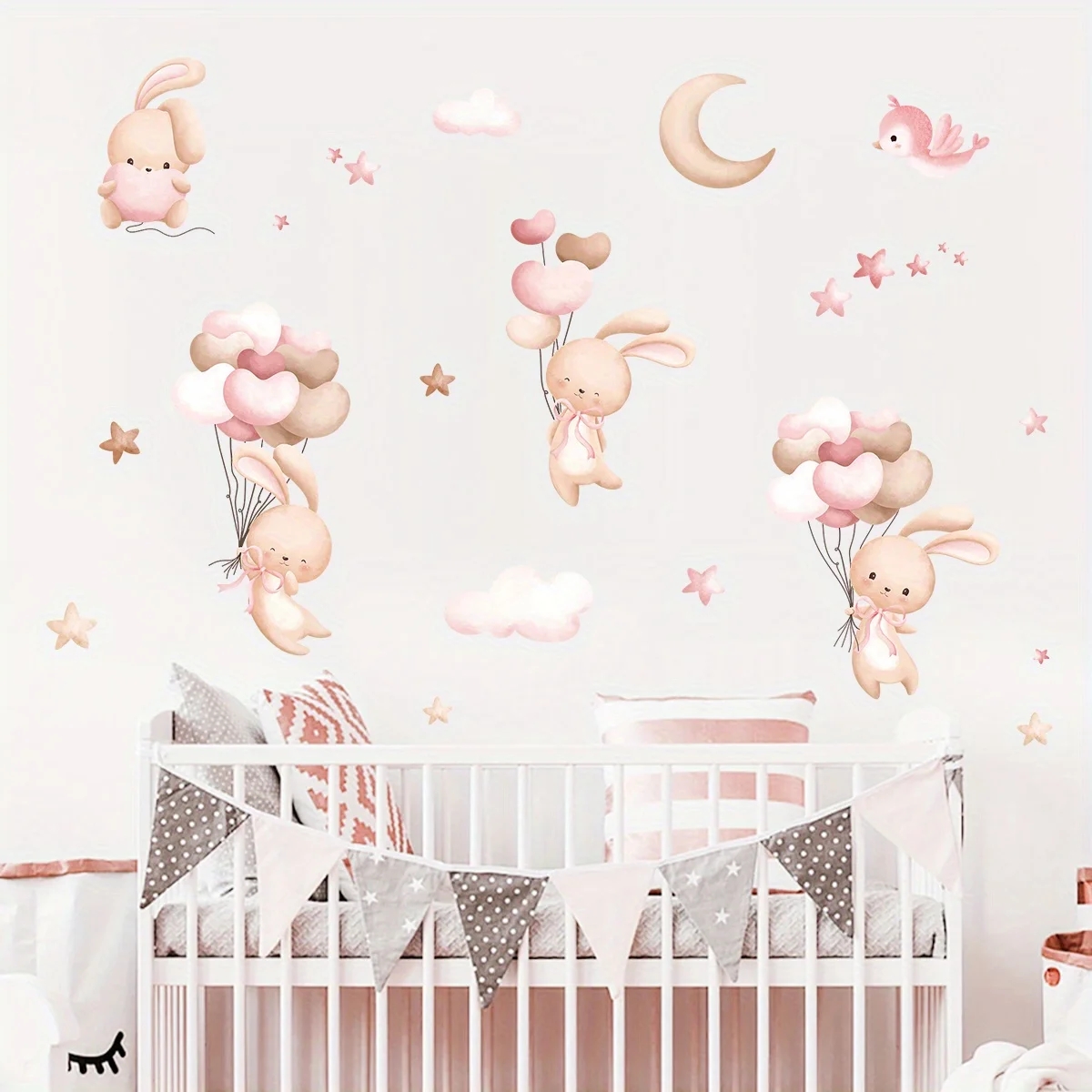Cute Rabbit Balloon Wall Stick - Baby Nursery Wallpaper Girl のレビューと価格