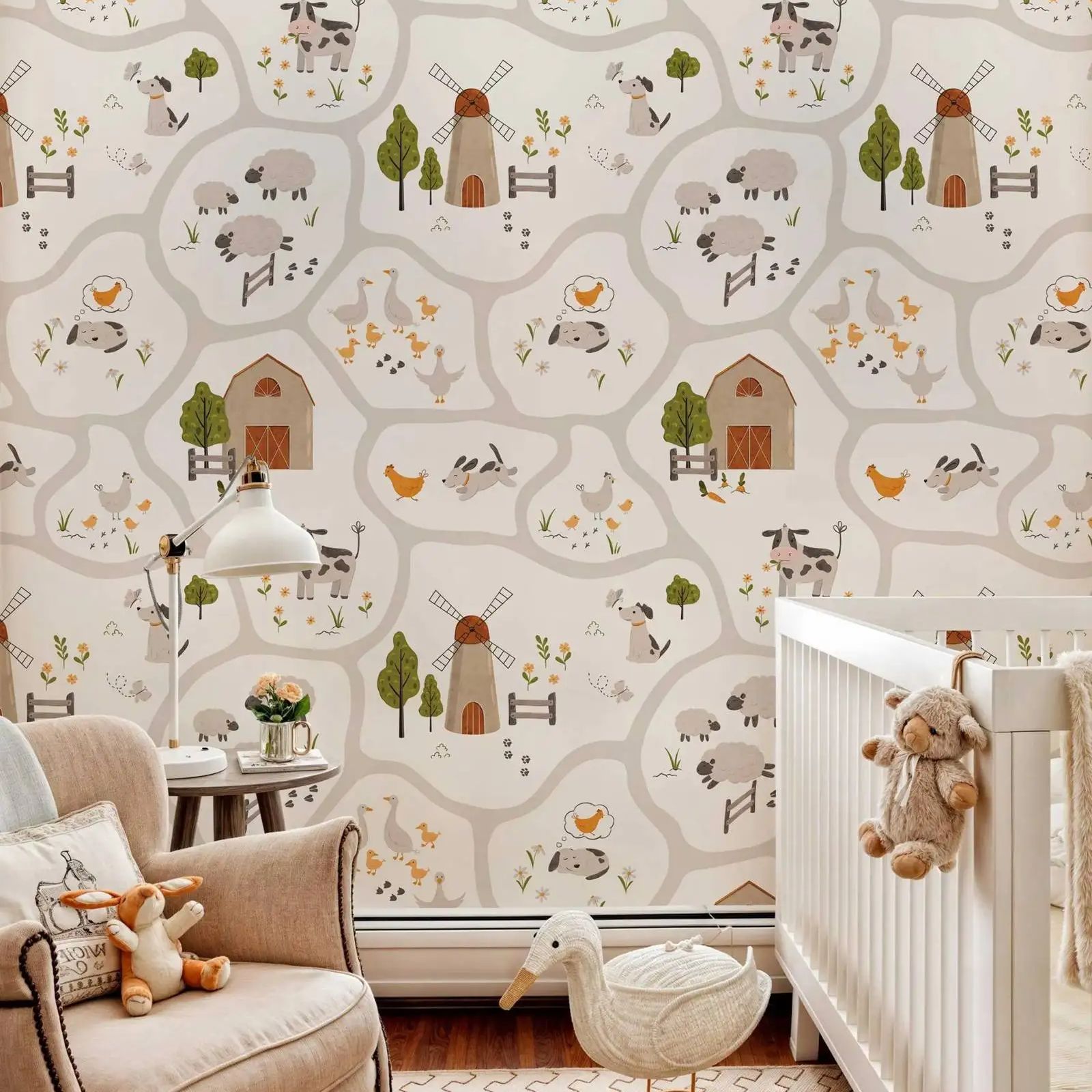 Cute Farm Animals Kids Wallpap - Baby Nursery Peel And Stick Wallpaper のレビューと価格