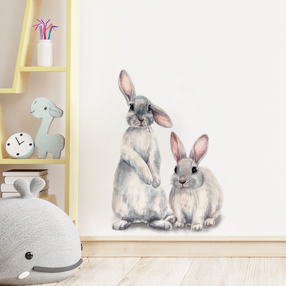 Watercolor Grey Baby Rabbits F - Baby Nursery Wallpaper Girl のレビューと価格