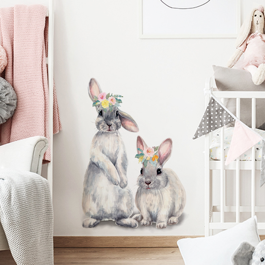 Watercolor Grey Baby Rabbits F - Baby Nursery Wallpaper Girl のレビューと価格