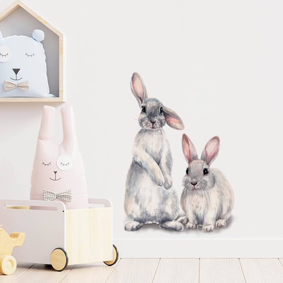 Watercolor Grey Baby Rabbits F - Baby Nursery Wallpaper Girl のレビューと価格