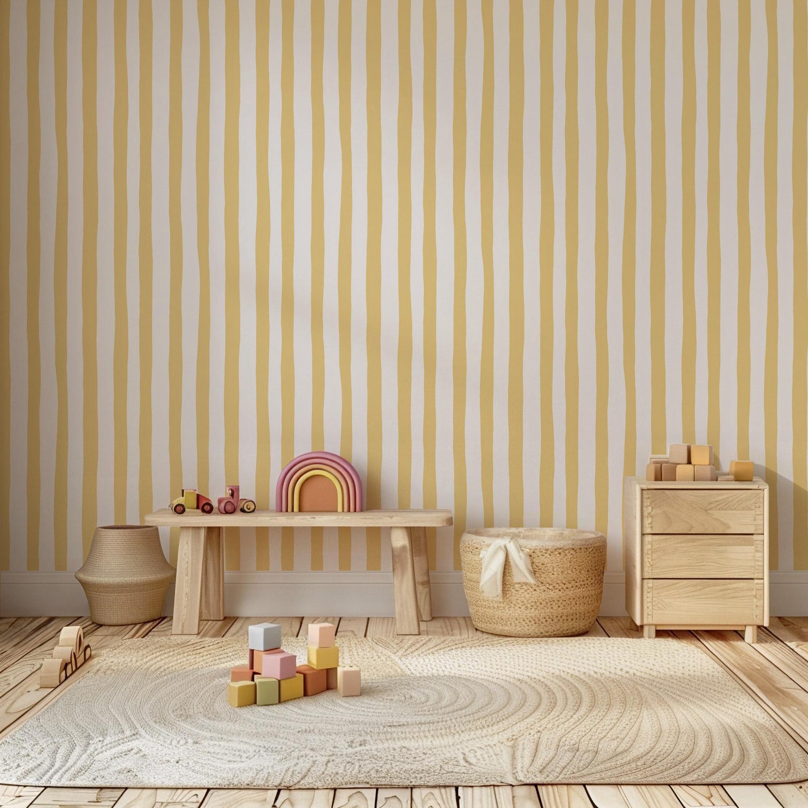 Sunshine Yellow Wobbly Stripes - Baby Nursery Peel And Stick Wallpaper のレビューと価格