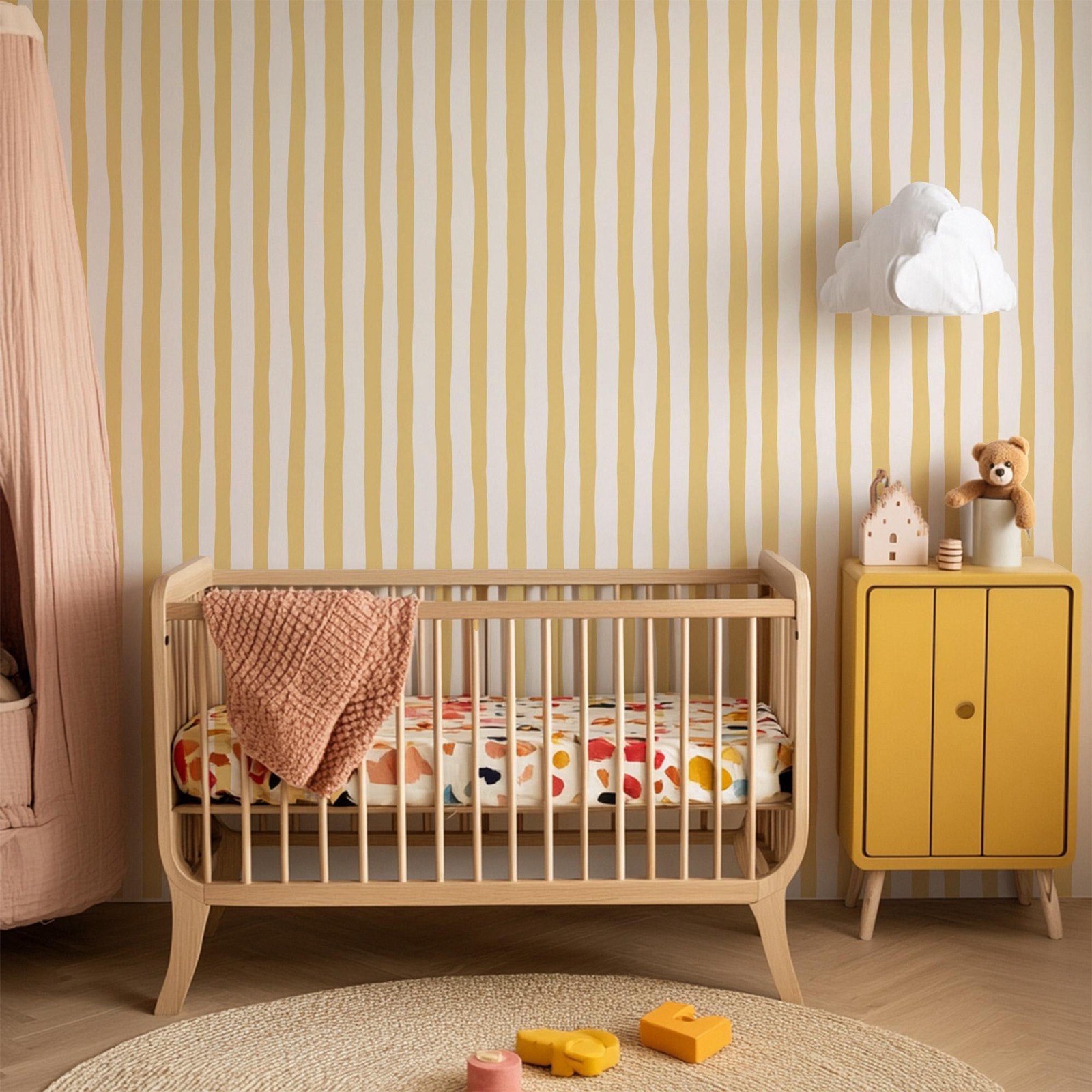 Sunshine Yellow Wobbly Stripes - Baby Nursery Peel And Stick Wallpaper のレビューと価格
