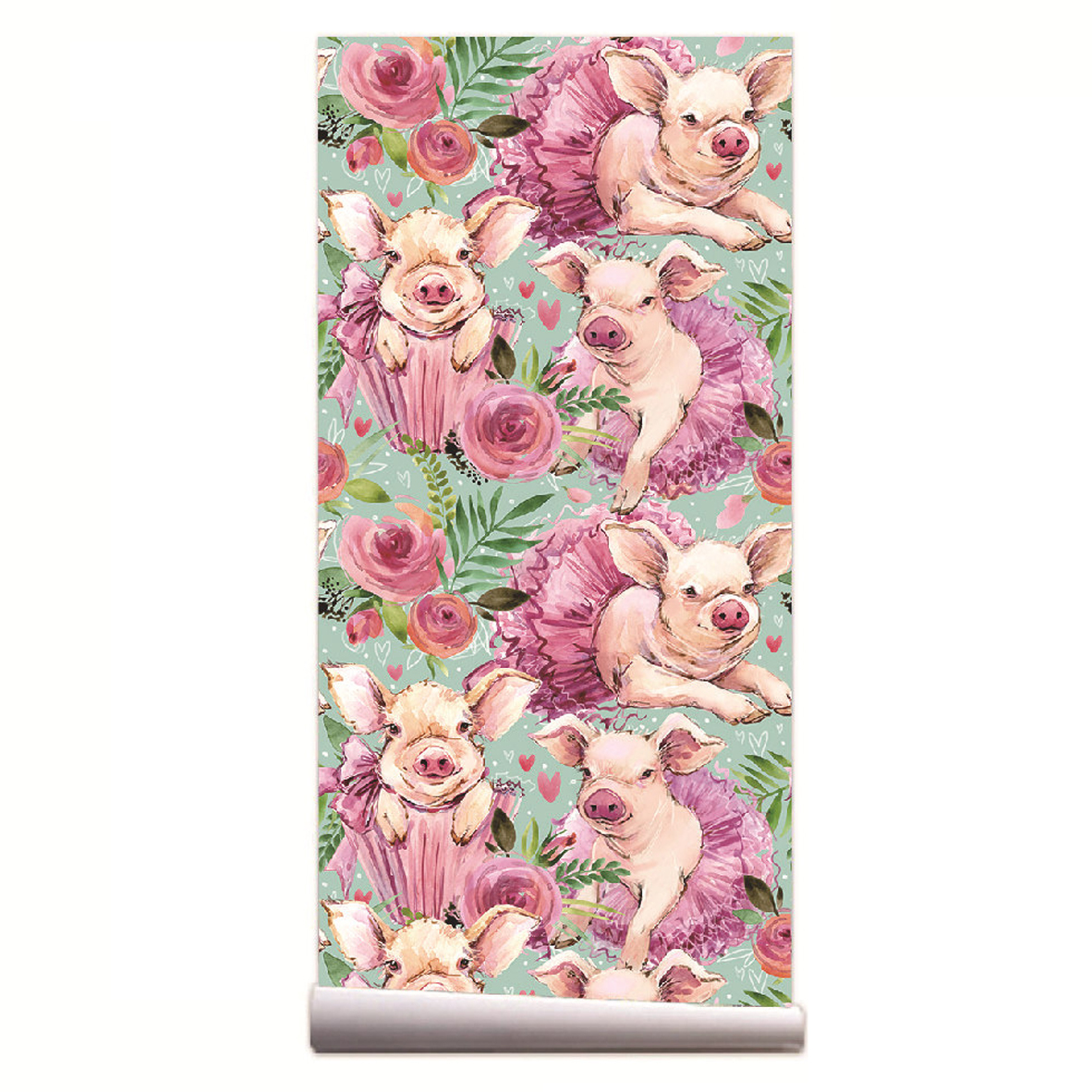 Pink Rose Floral Cute Baby Pig - Baby Nursery Peel And Stick Wallpaper のレビューと価格