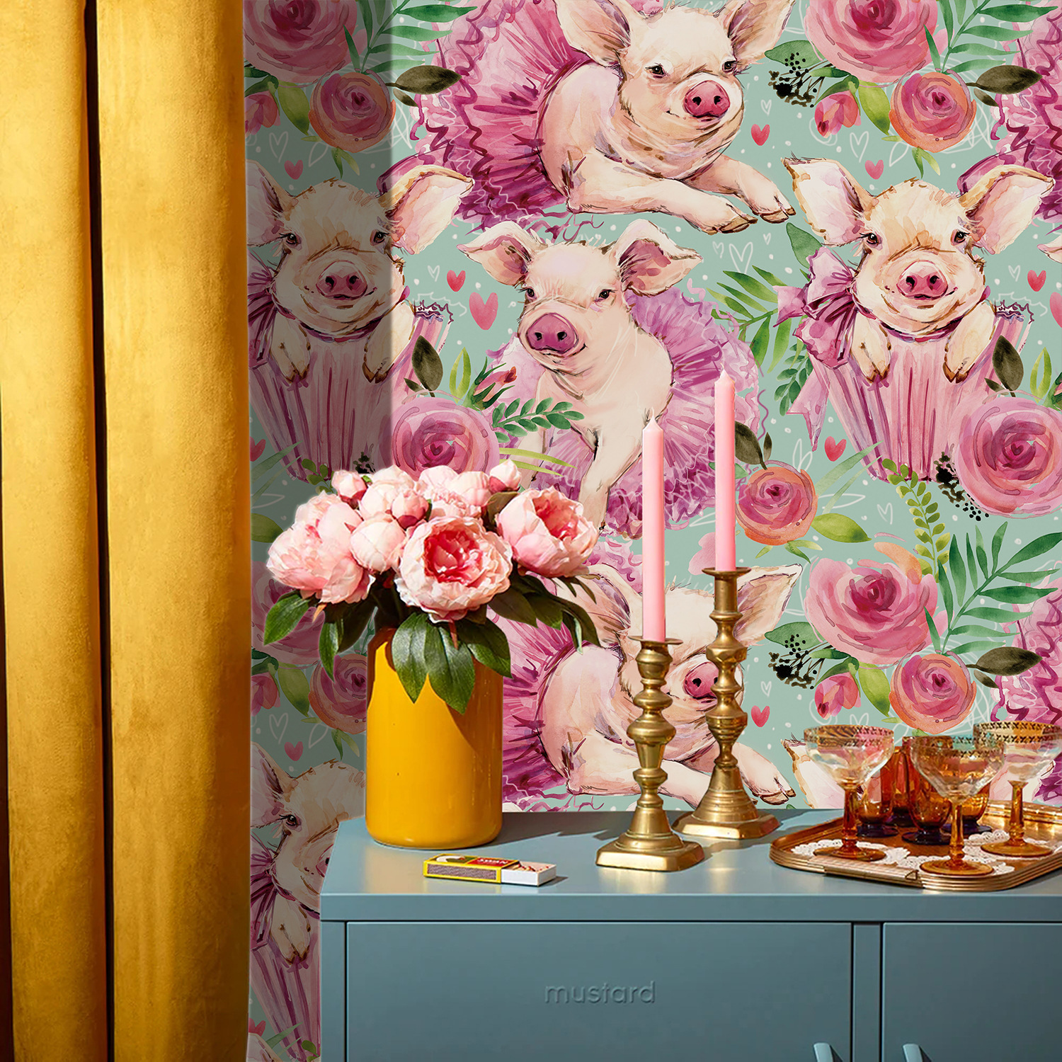 Pink Rose Floral Cute Baby Pig - Baby Nursery Peel And Stick Wallpaper のレビューと価格