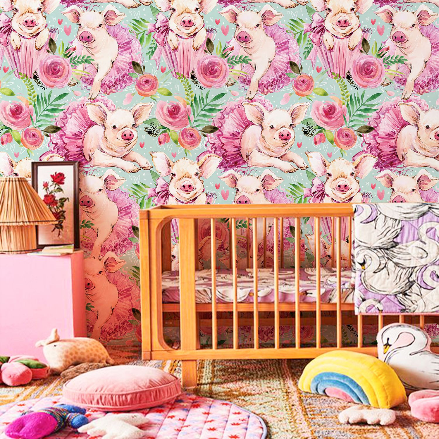 Pink Rose Floral Cute Baby Pig - Baby Nursery Peel And Stick Wallpaper のレビューと価格