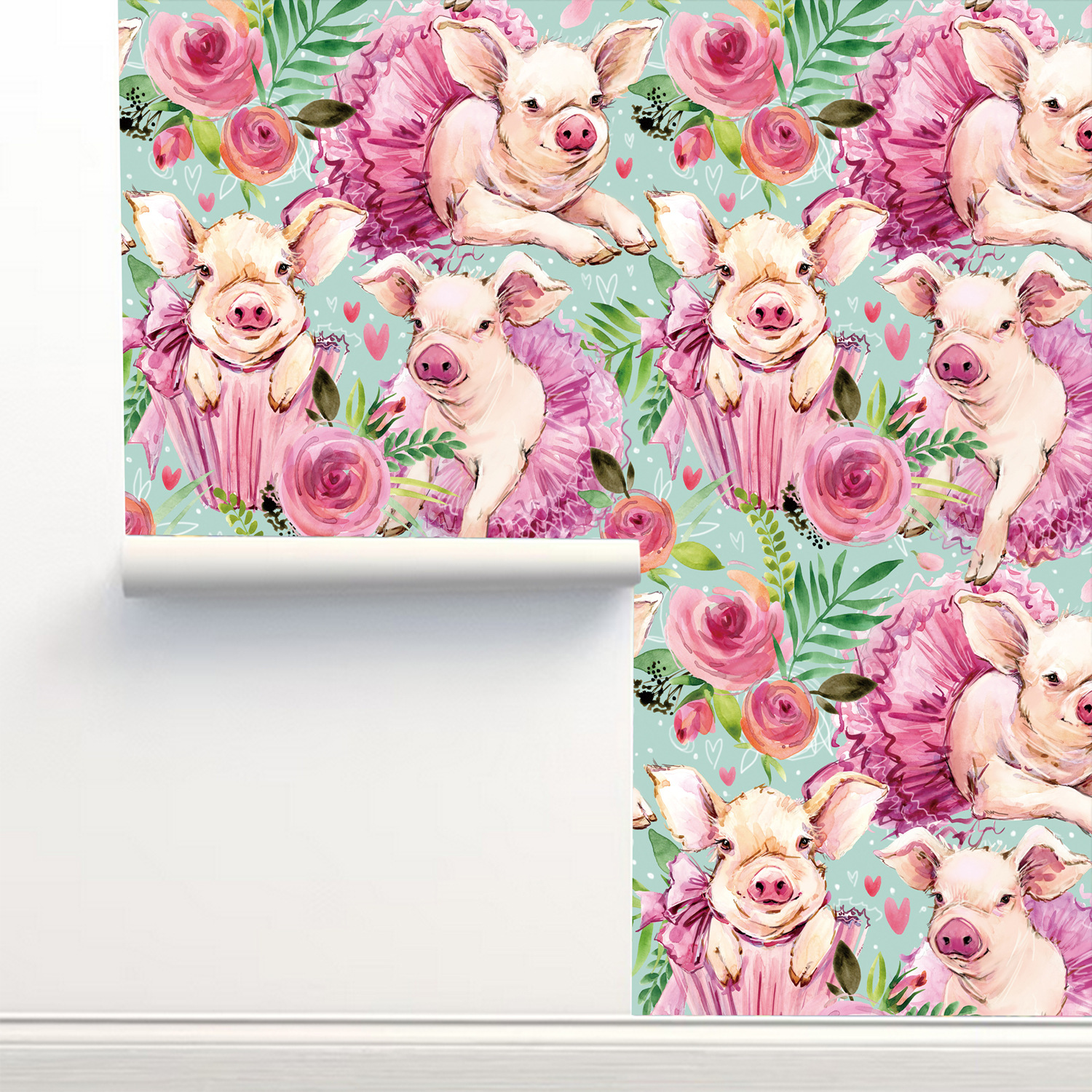 Pink Rose Floral Cute Baby Pig - Baby Nursery Peel And Stick Wallpaper のレビューと価格