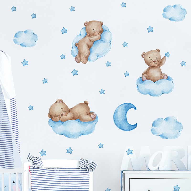 Cartoon Blue Teddy Bear Moon W - Baby Nursery Wallpaper Girl のレビューと価格