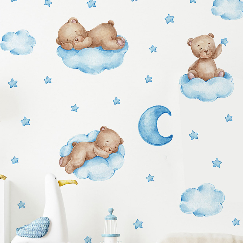Cartoon Blue Teddy Bear Moon W - Baby Nursery Wallpaper Girl のレビューと価格