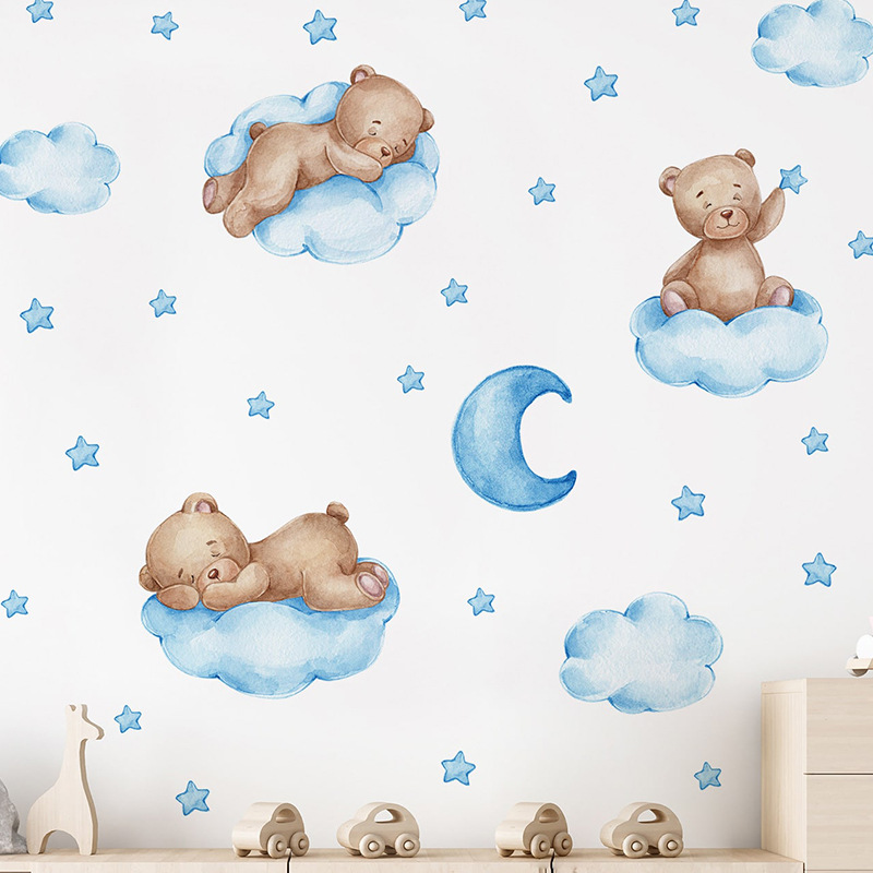 Cartoon Blue Teddy Bear Moon W - Baby Nursery Wallpaper Girl のレビューと価格